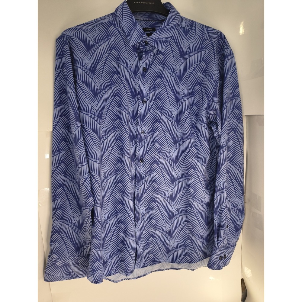 Kenneth Cole AWEARNESS Slim Fit Stretch Dress Shirt Mens L Blue Tropical Print